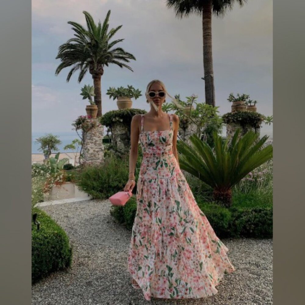 NWOT ！Agua by Agua Bendita Lima Floral Linen Sleeveless Square-Neck Maxi Dress